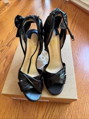 Christian Louboutin Black Patent Leather Bow Ankle-Tie Heels style Marylineska